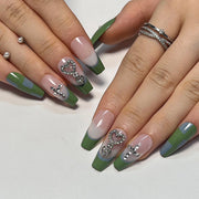 "Mint Heart Charm Coffin" – Color-block & Rhinestone Press-on Nails