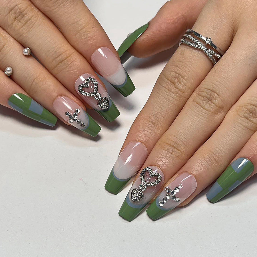 "Mint Heart Charm Coffin" – Color-block & Rhinestone Press-on Nails