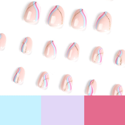 Wearable nail piece short pink blue purple splicing wave nail sticker removable nail piece golden glitter nail piece｜365nails