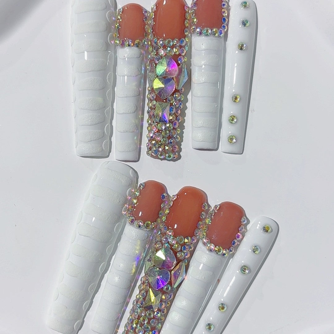 White Crystal Luxe French Press On Nail Set