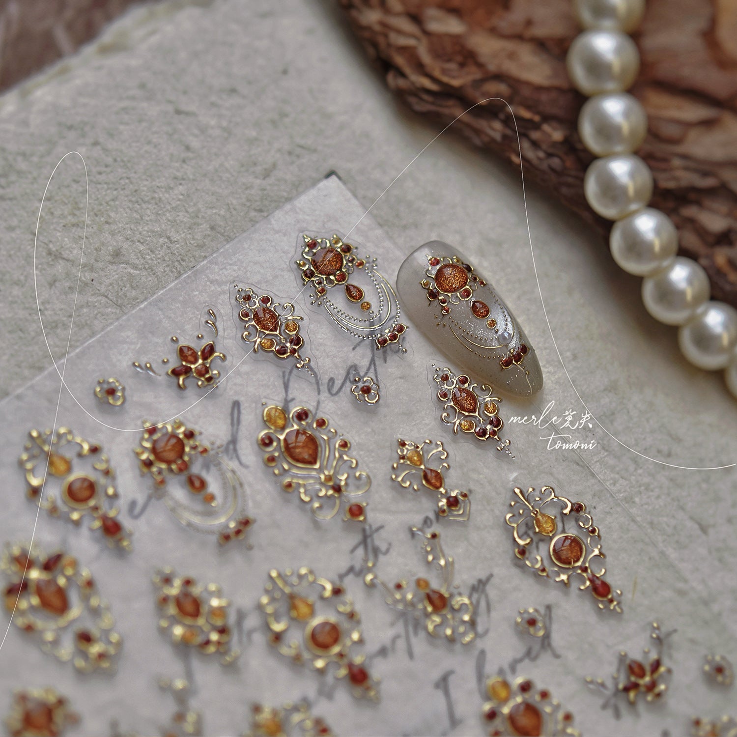Gold Amber Vintage Ornate Frame: "Baroque Amber Jewel" – 5D Embossed Nail Sticker