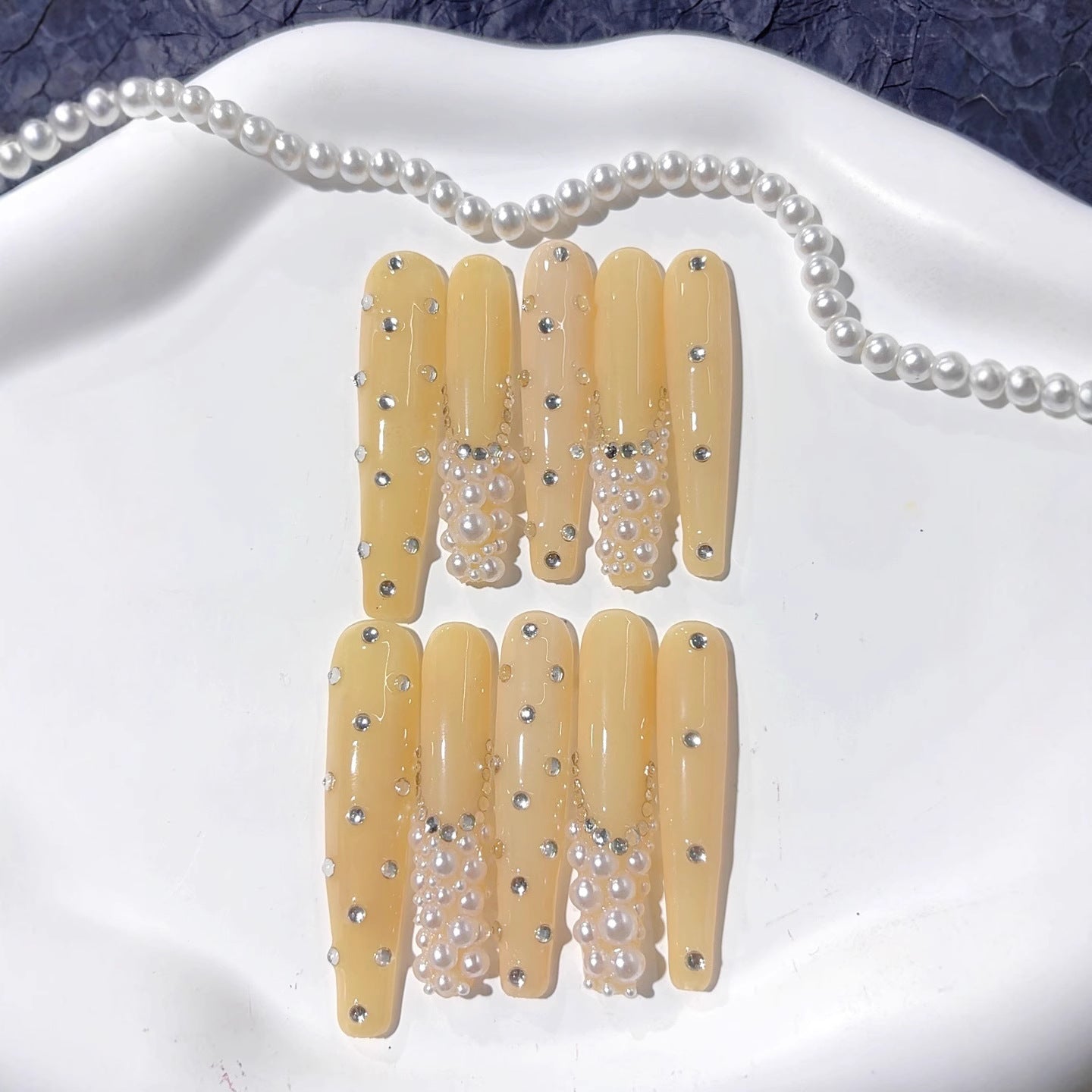 Amber Pearl Crystal Accent Statement Press On Nails