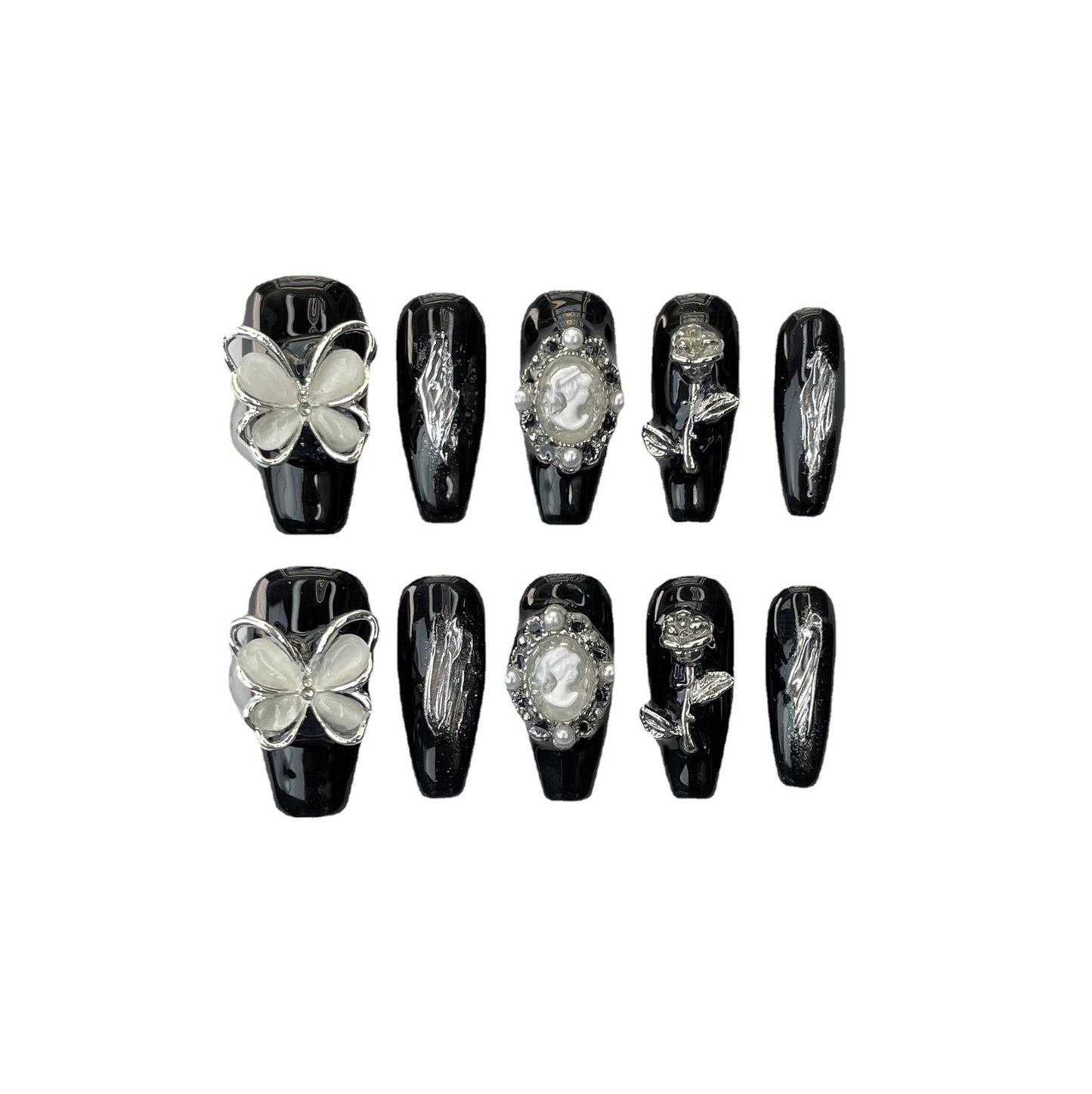 Black Silver Butterfly Gothic Elegant Press On Nails