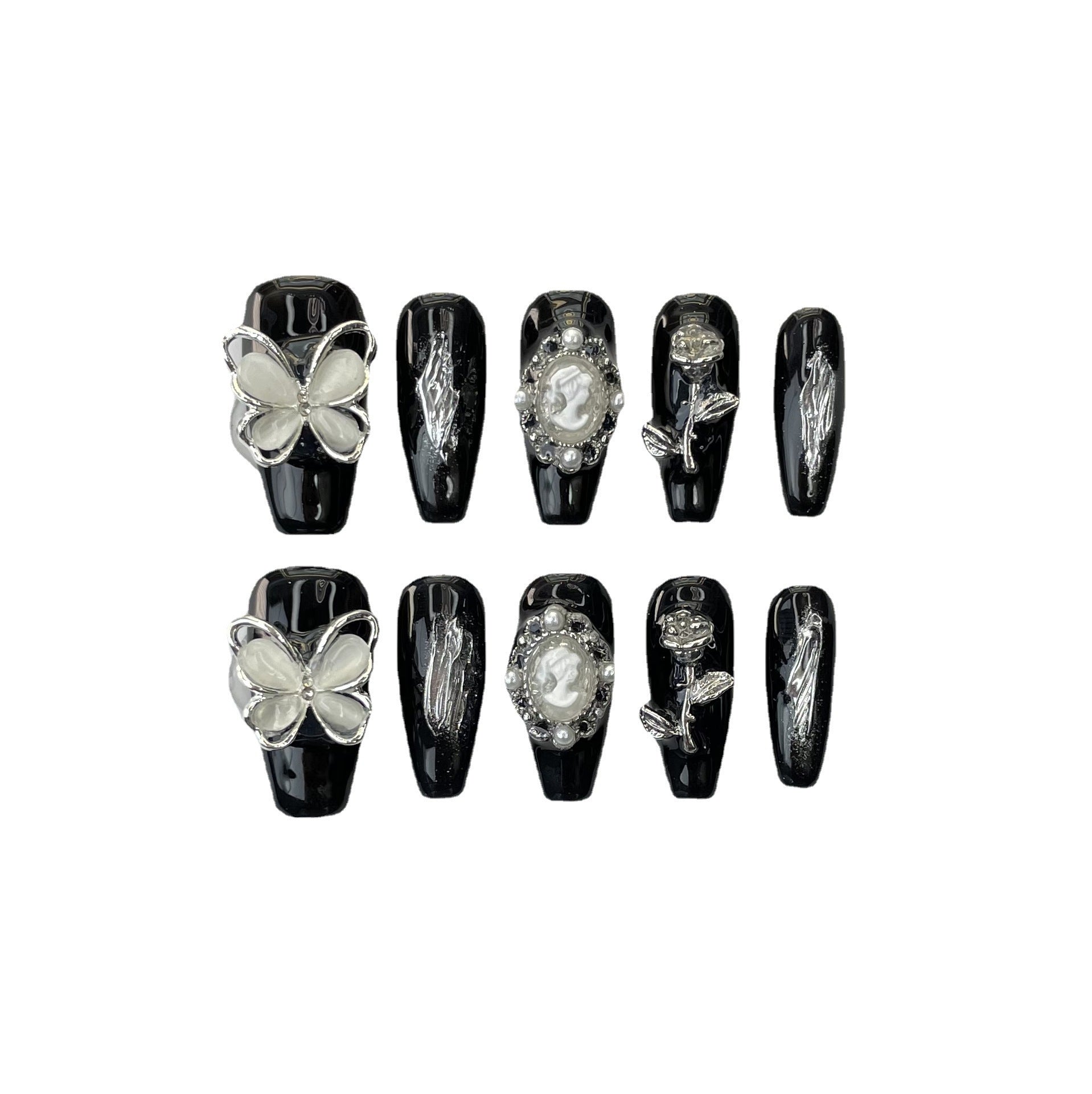 Black Silver Butterfly Gothic Elegant Press On Nails