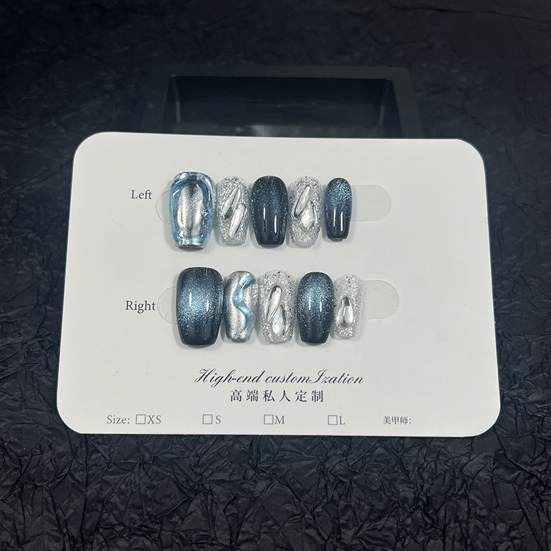 Galaxy Press-On Nails with Silver Chrome and Blue Shimmer