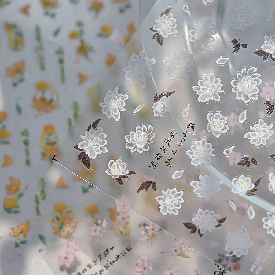 White Jasmine & Oriental Calligraphy: "Moonlit Jasmine Night" – 5D Embossed Nail Sticker