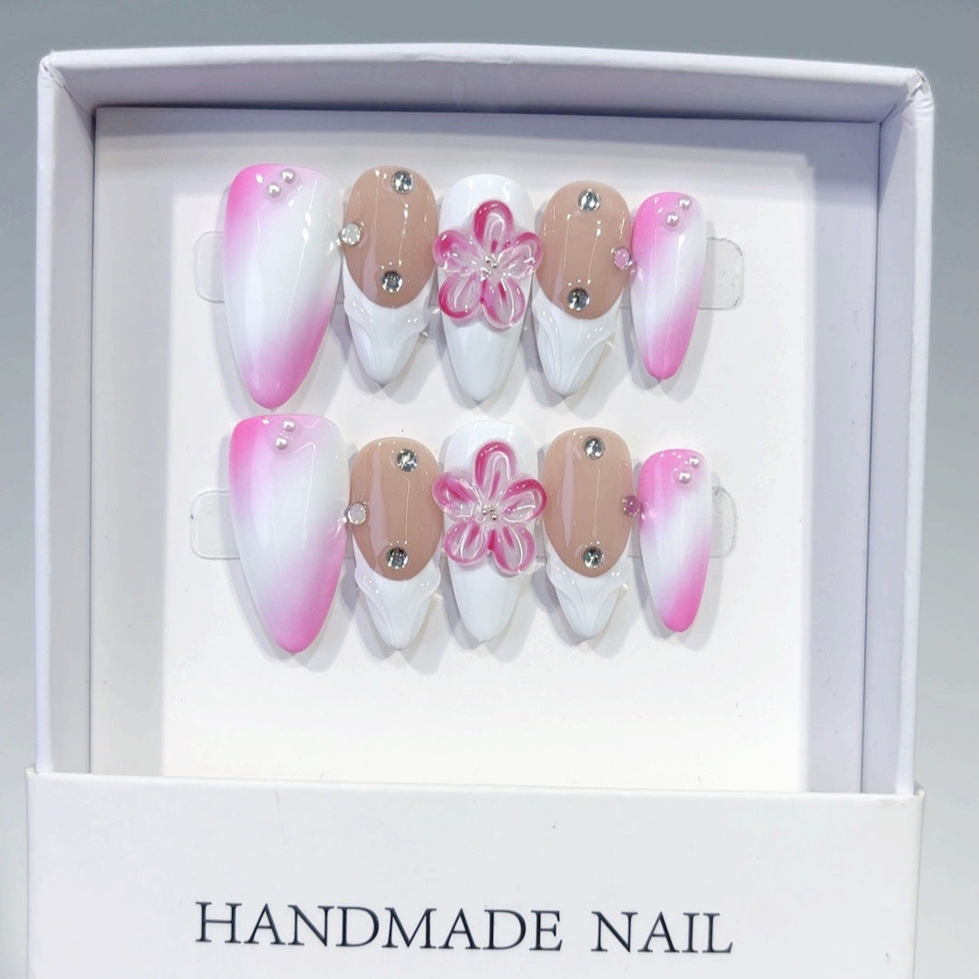 365nails-Sakura Romance: "Flor Rosa Degradê" – Unhas Postiças Artesanais Longas Amêndoas