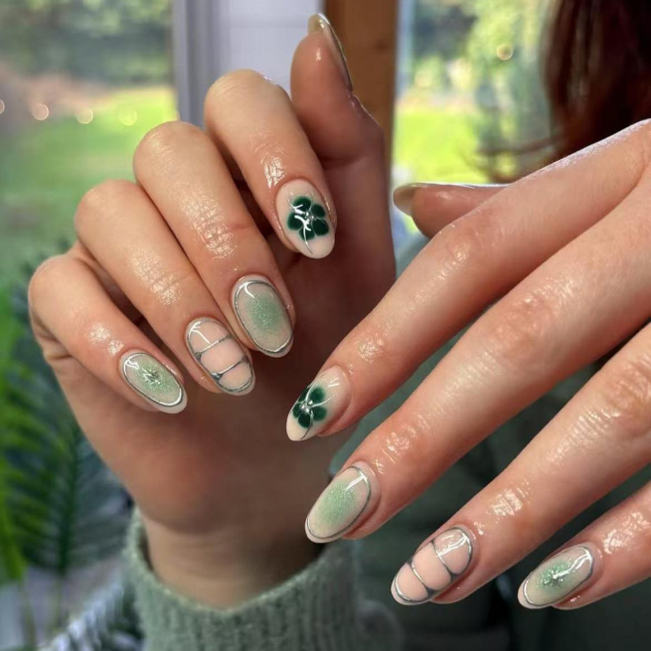 Fresh green smudges summer flowers almond-shaped press-on nails