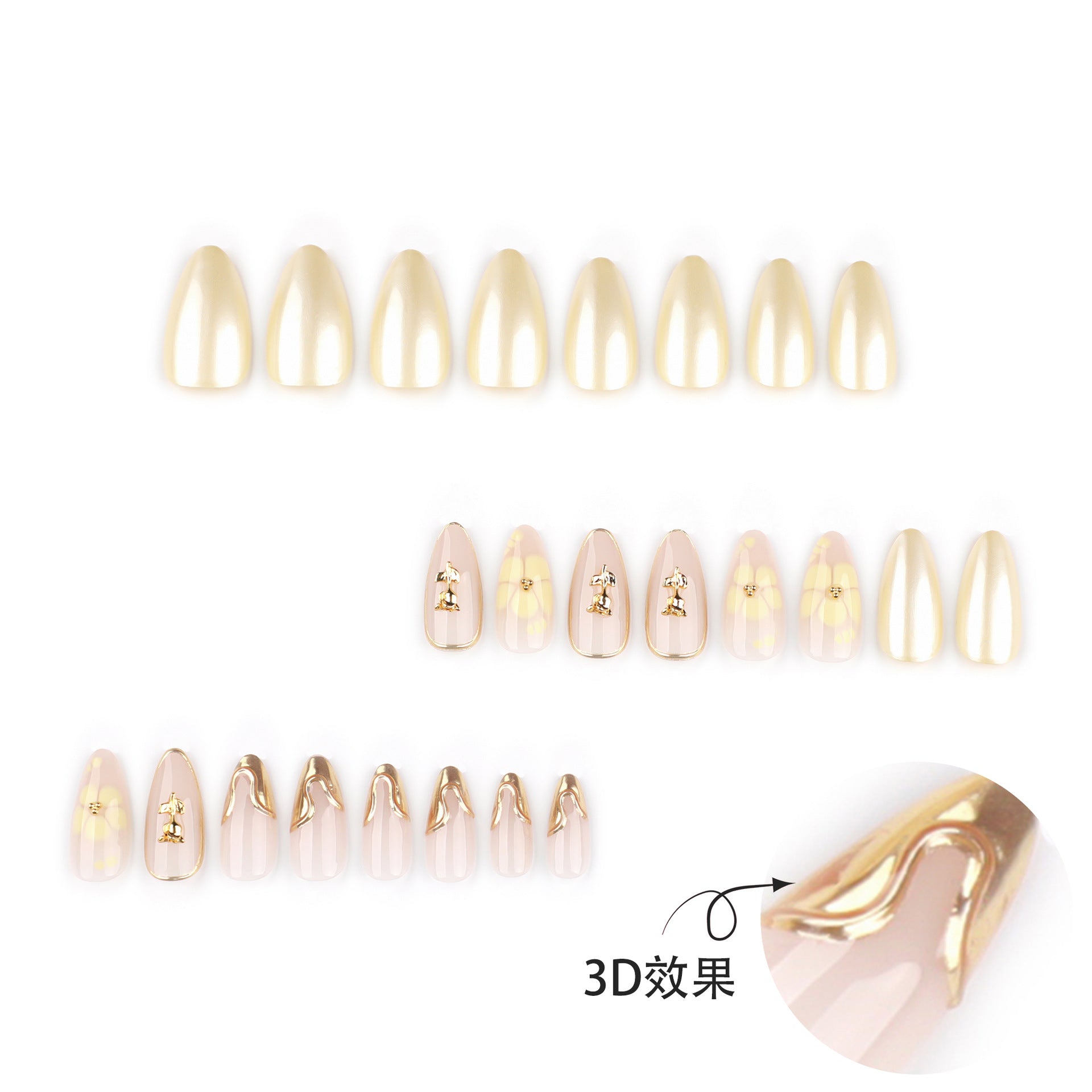 3D立體金色玫瑰花杏仁形穿戴甲