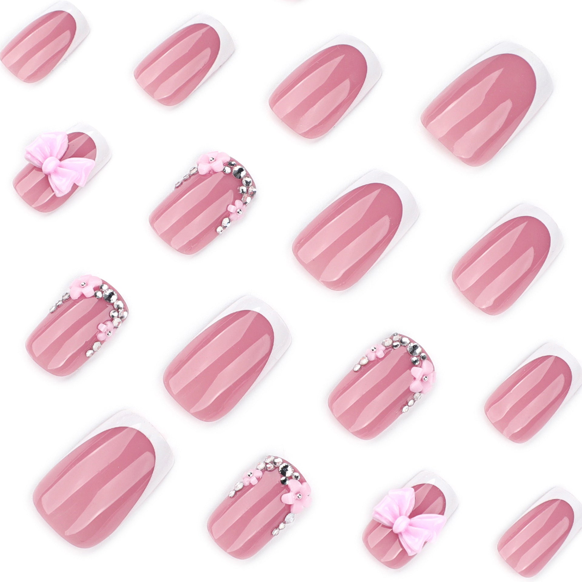French Square Press On Nails with 3D Pink Bows & Rhinestone Accents