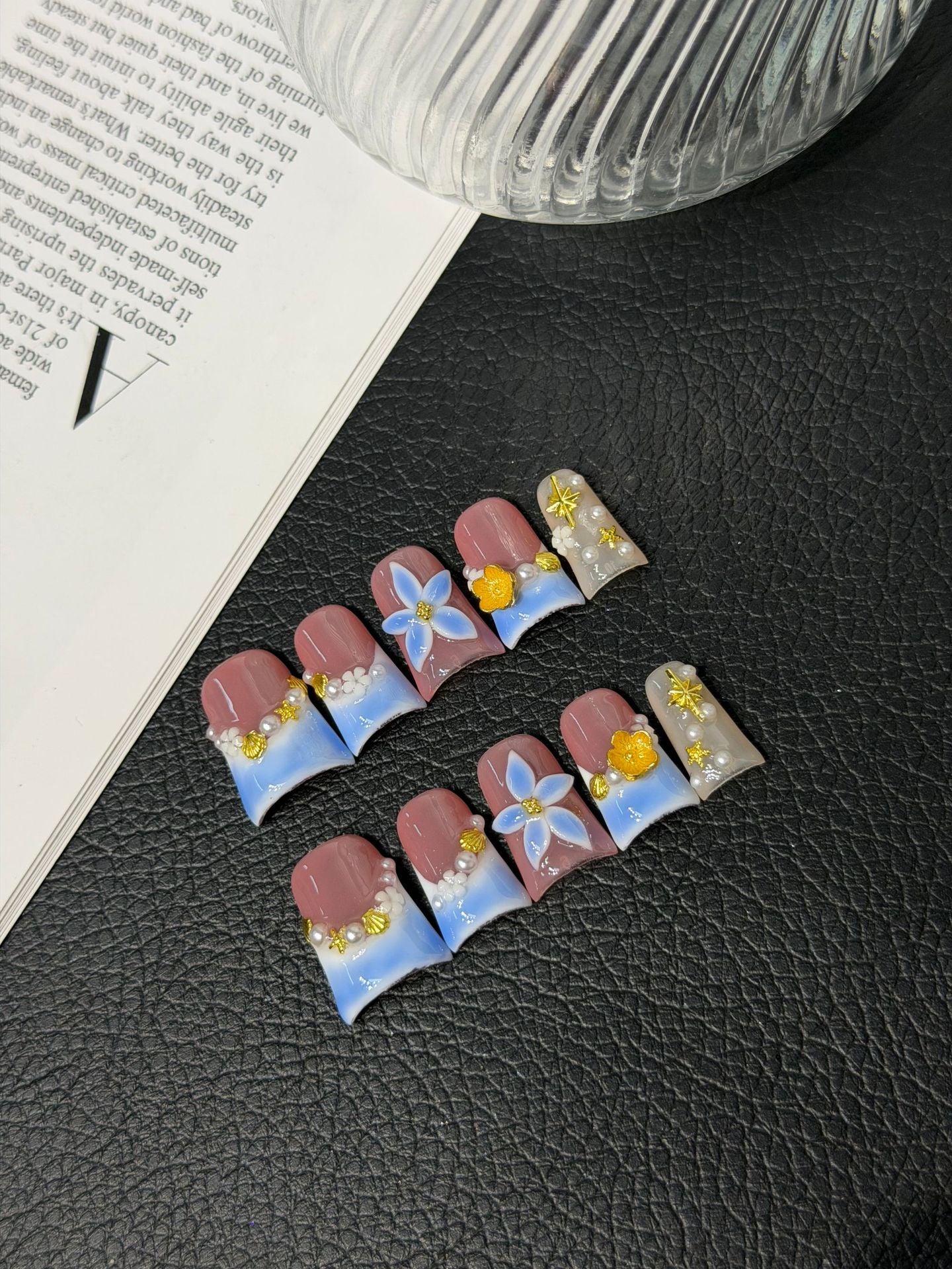 365nails: "Blue Sky Flower" – 3D Floral & Gradient Handmade Square Nails
