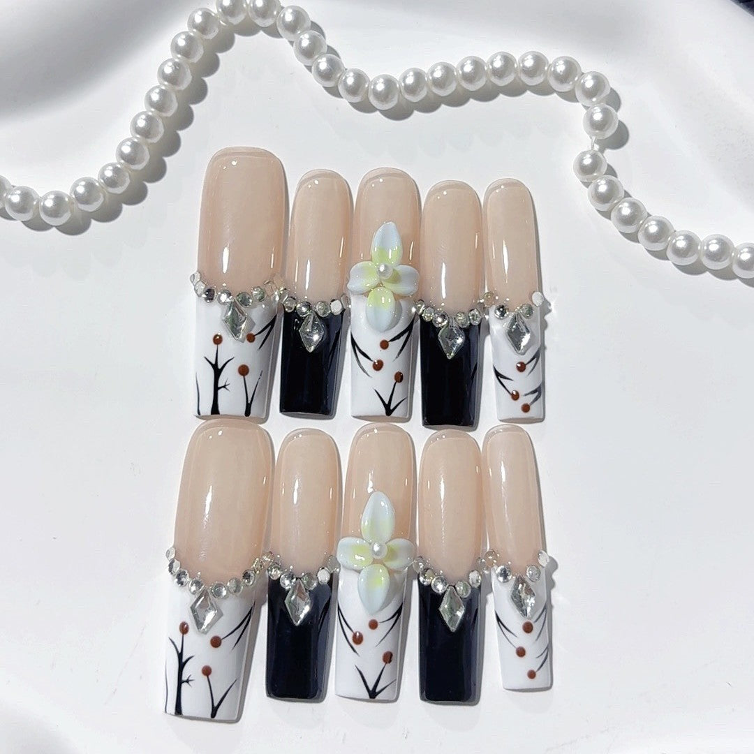 Elegant Nude Floral Crystal Contrast Press On Nails