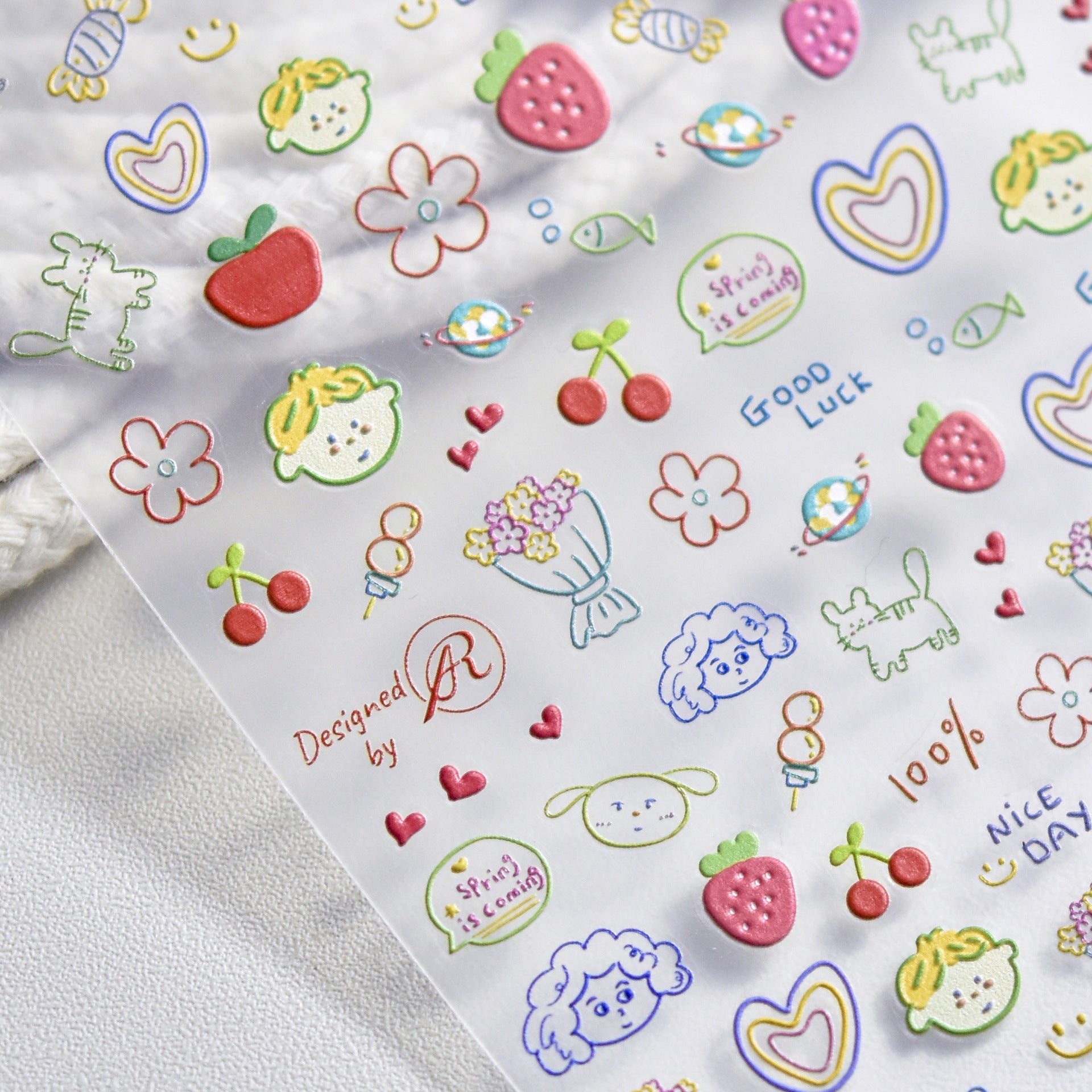 Colorful Bear & Charm: "Playful Doodle" – 5D Embossed Nail Sticker