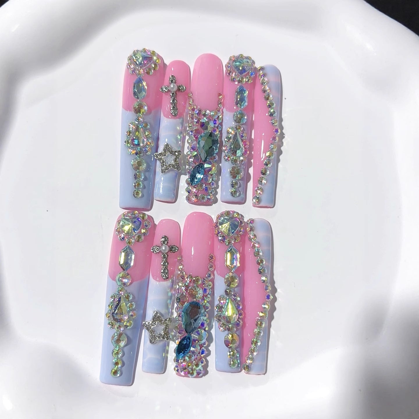 Pink Lavender Butterfly Crystal Glam Press On Nails