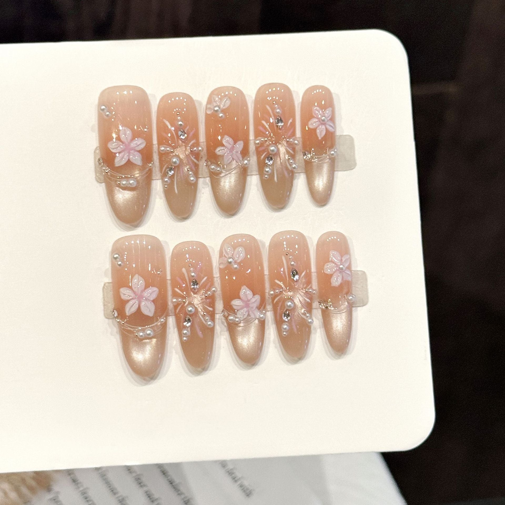 Peach Blossom Pearl Crystal Elegant Press On Nails