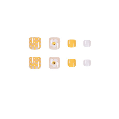 Summer fresh flower yellow plaid foot nail wear nail art finished fake nail nail nail patch removable nail piece｜365nails