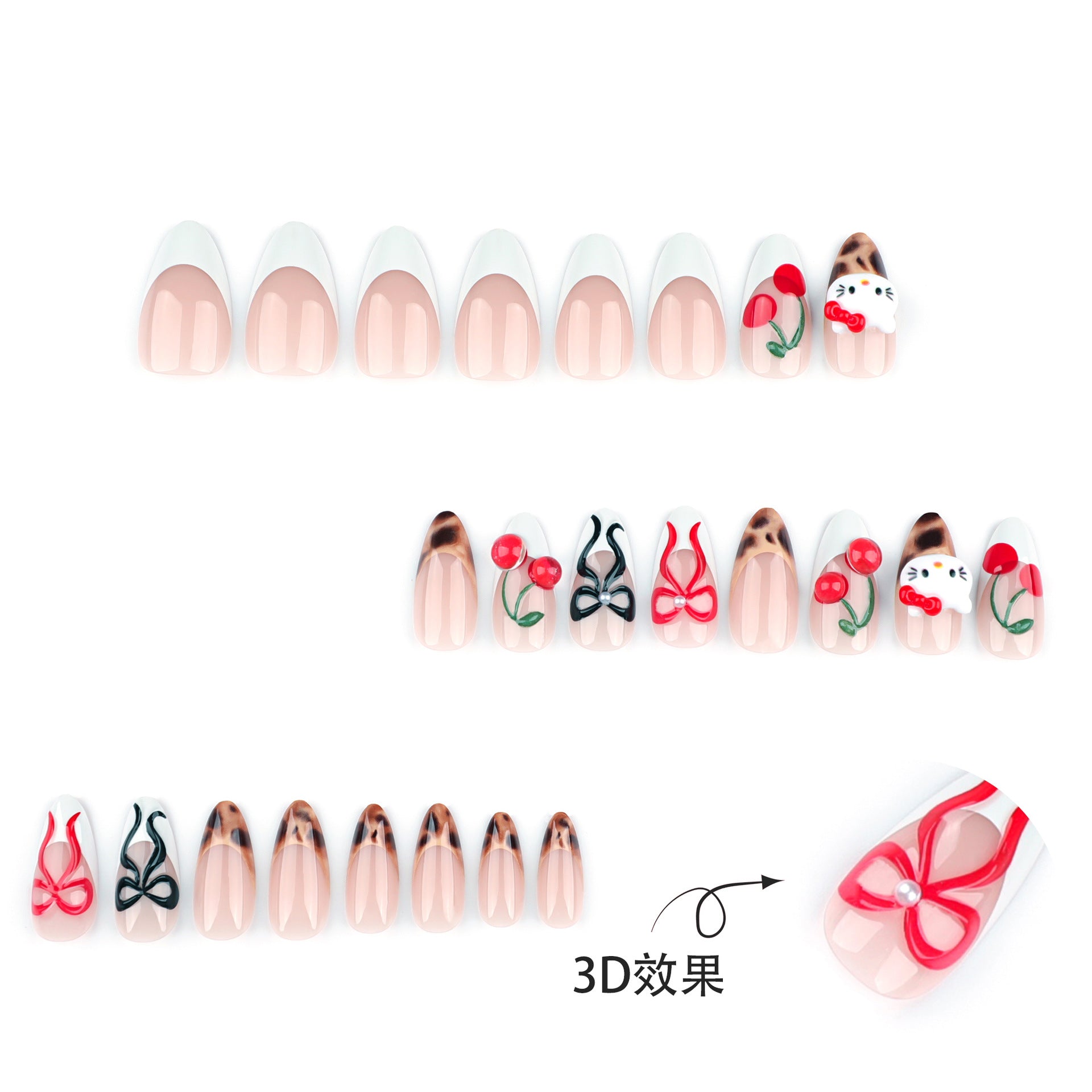 3D立體蝴蝶結可拆式法式可愛櫻桃短款杏仁形穿戴甲｜365nails
