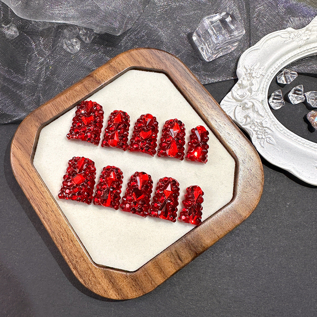 Red Crystal Full Rhinestone Press On Nails