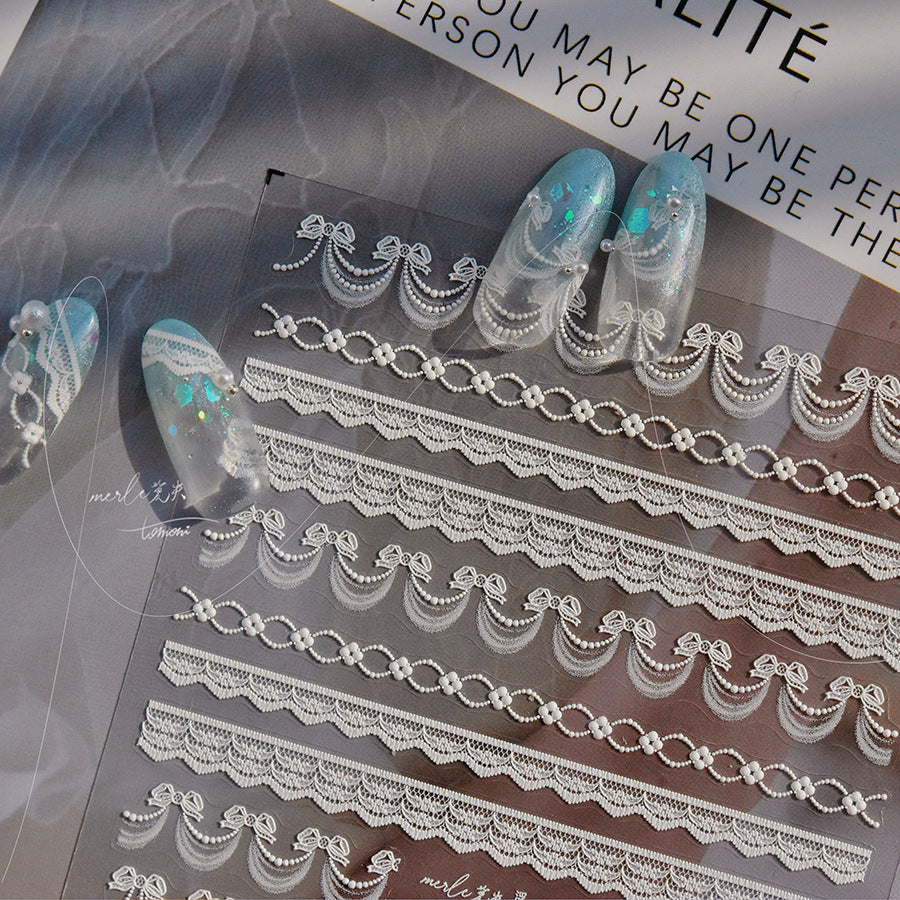 Elegant Lace Ribbon Collection: "White Lace" – 3D Embossed Nail Sticker
