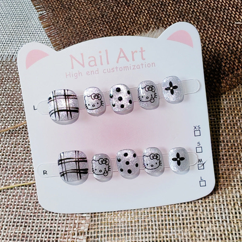 365nails: "silver shimmer kitty" – short round handmade kids press-on nails