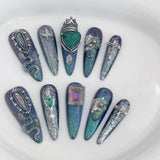 Fantasy Press-On Nails with Emerald Charms and Silver Serpent Details