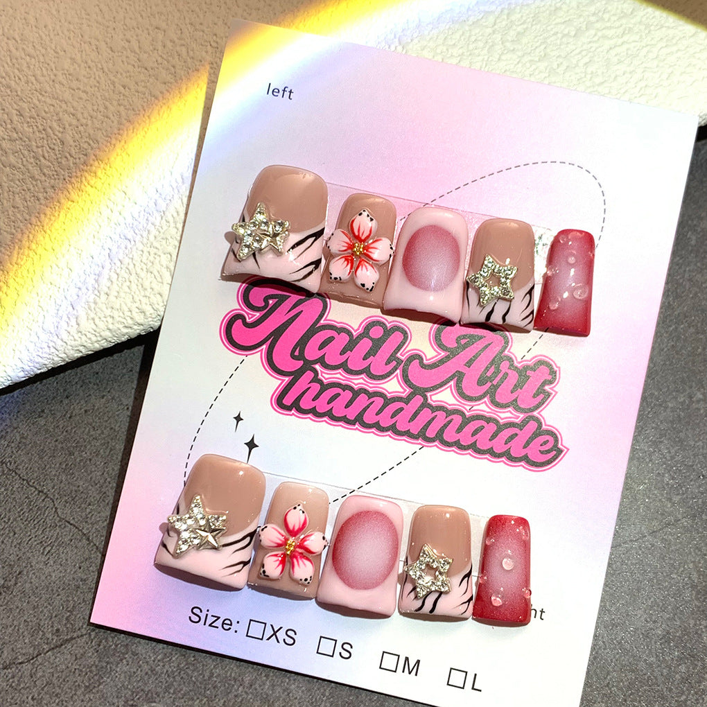 Nude Red Star Floral Press On Nails