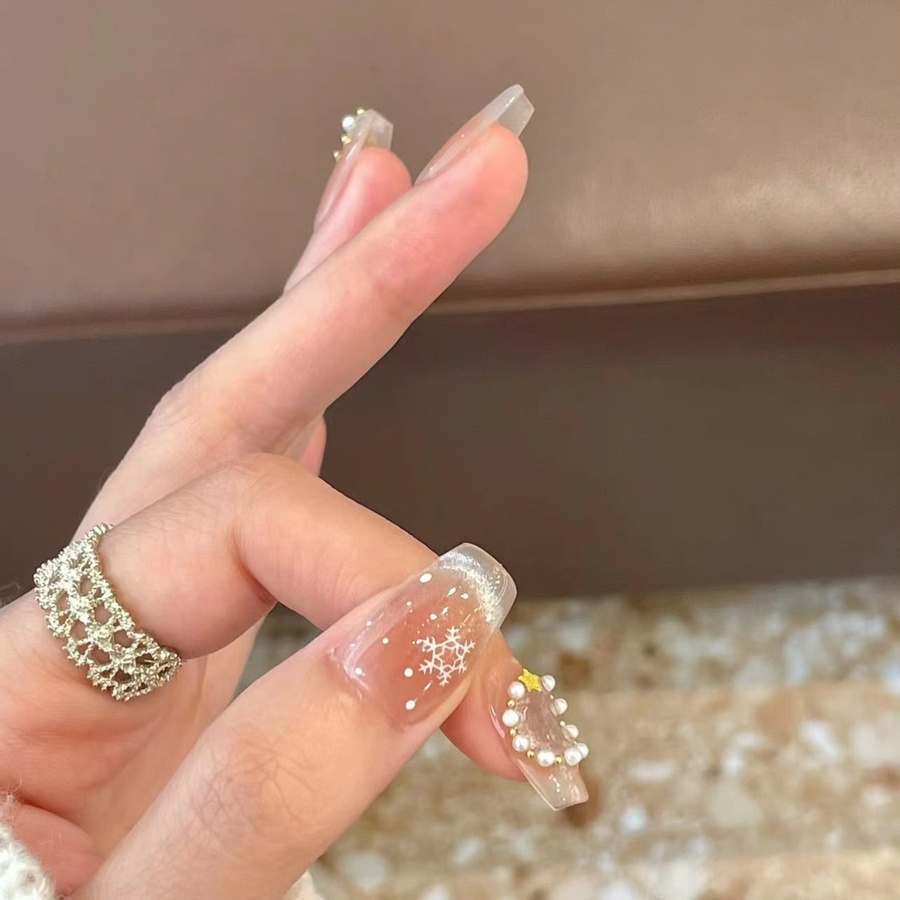 Nude Christmas Press‑On Nails – Snowflake & Pearl Star Design