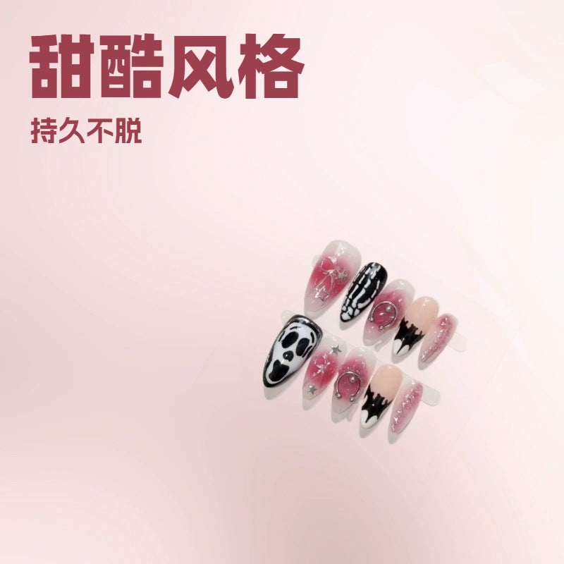 365nails: "Midnight Gala" – 3D 해골·별 수제 스틸레토형 프레스온 네일