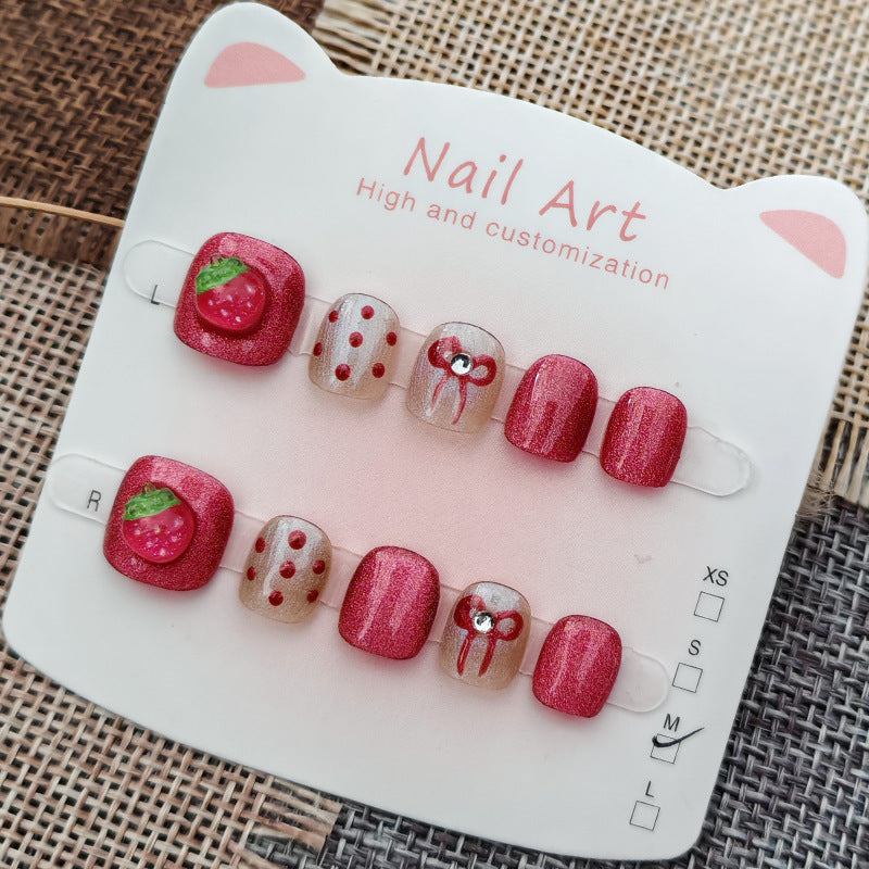 365nails: "doçura de morango cintilante" – unhas postiças redondas curtas artesanais para crianças