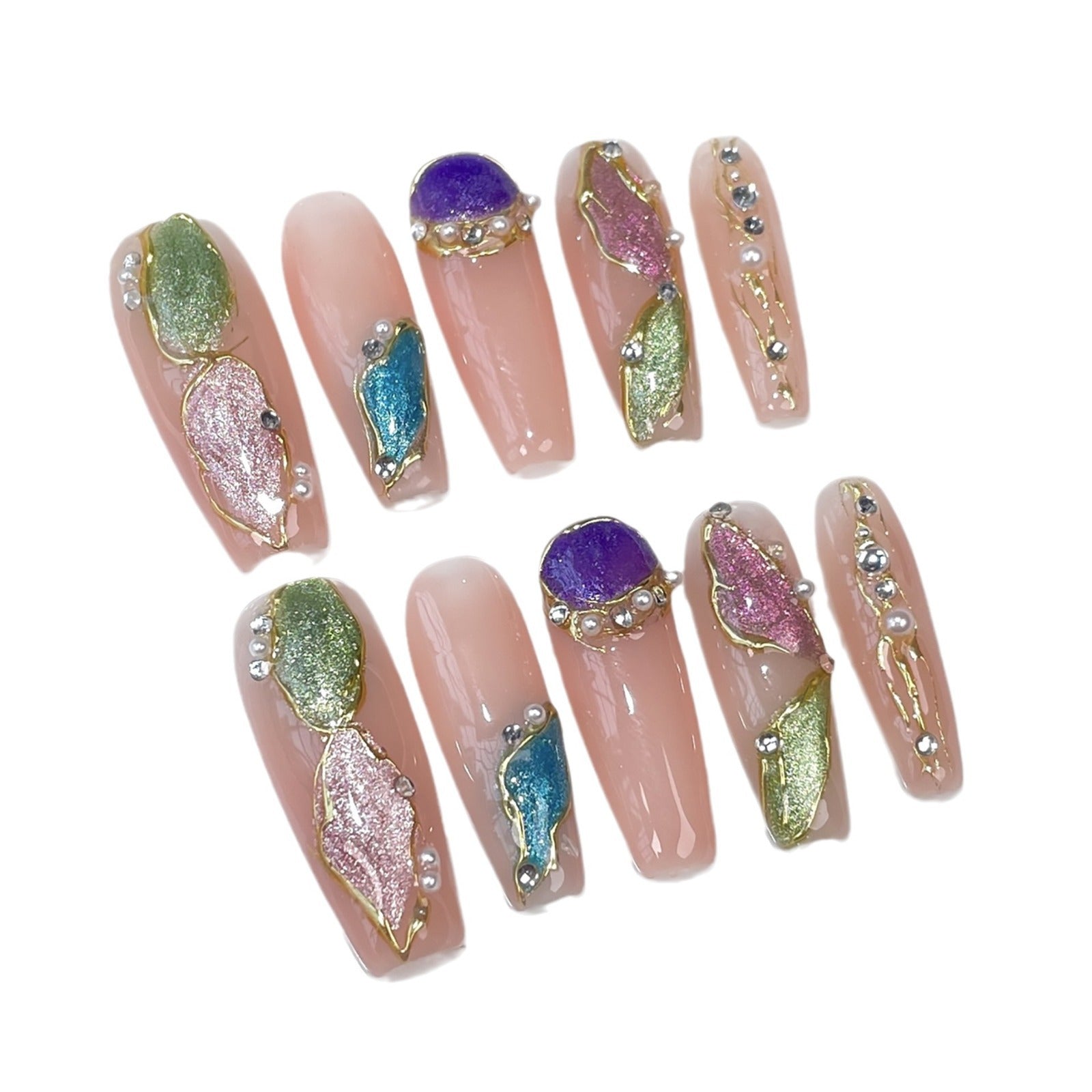 Iridescent Gem Leaf Long Nail Set