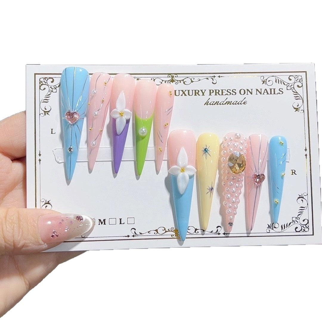 Pastel Floral Crystal Sculpted Press On Nail Set