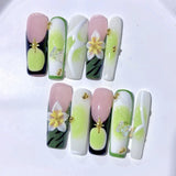 Fresh Green Floral Crystal Art Press On Nail Set