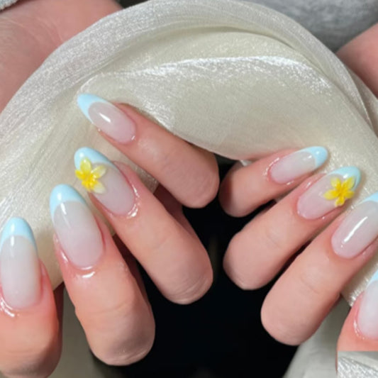 French blue simple nail art film short short round wearing fake nails 3D tropical flower press-on nails wholesale｜365nails