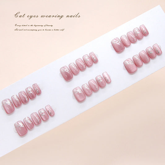Nail Tips  prefabricated nail gentle silver silk three-dimensional small leaves cat eye fashion ins  press on nails 30 pieces｜365nails