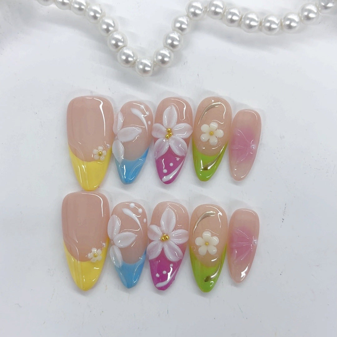 Pétale Pastel : « Murmure Floral Arc-en-Ciel » – Ongles press-on forme amande