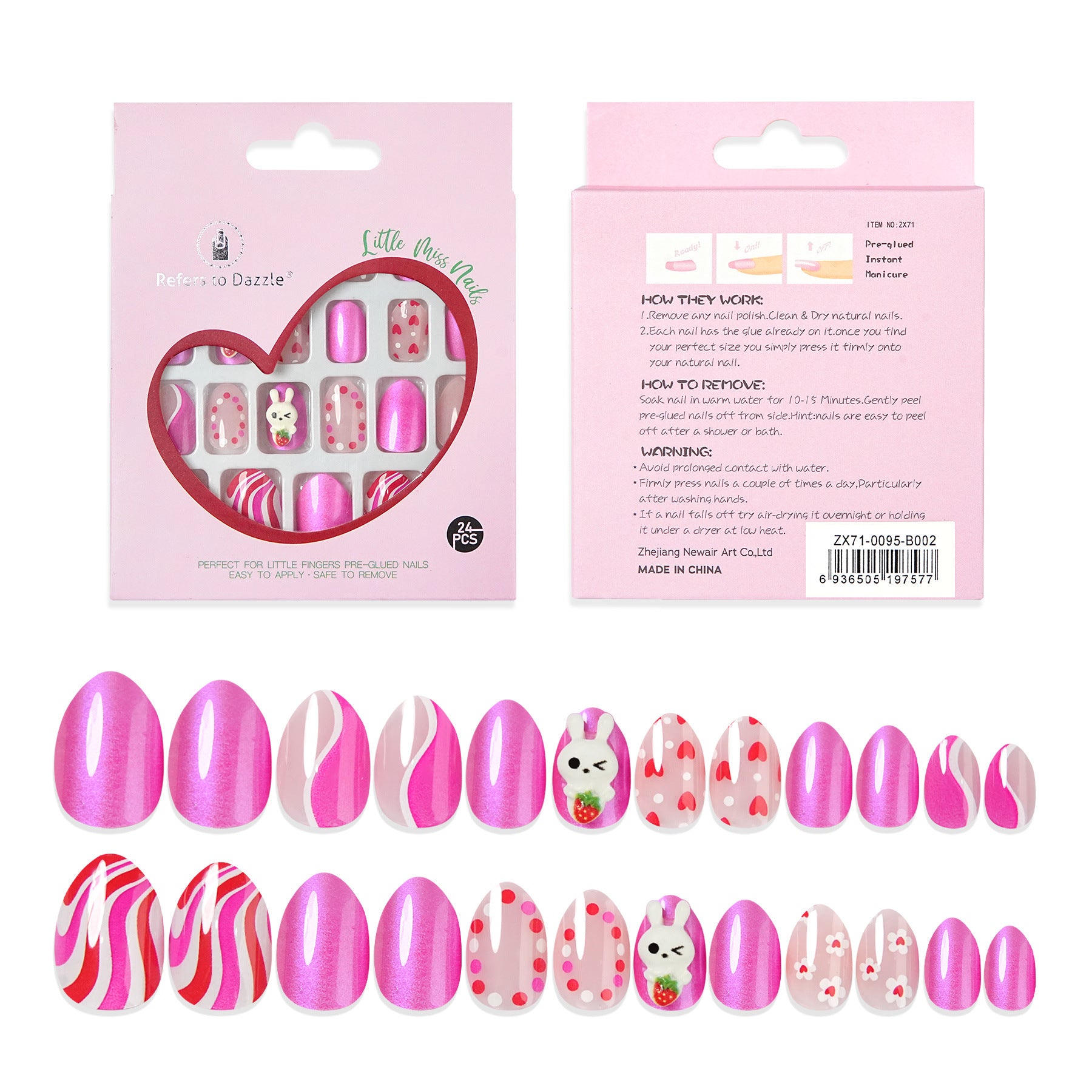Kids press-on nails Pointed head round head almond cartoon with drill 24 pieces with jelly glue