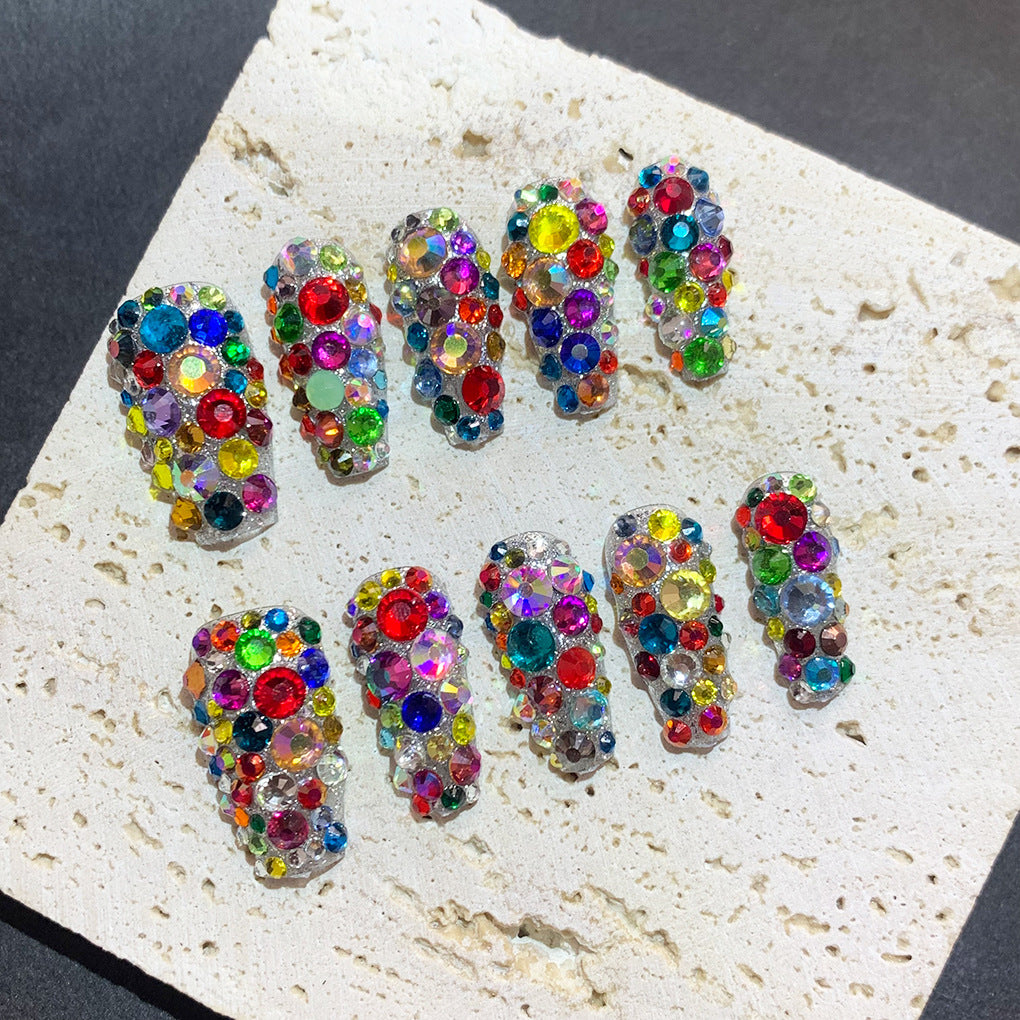 Multicolor Crystal Full Cover Statement Press On Nails
