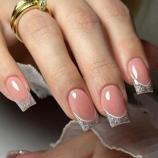 Naked pink manicure press on nails wholesale French silver glitter fake nail simple square nail finished product wholesale｜365nails