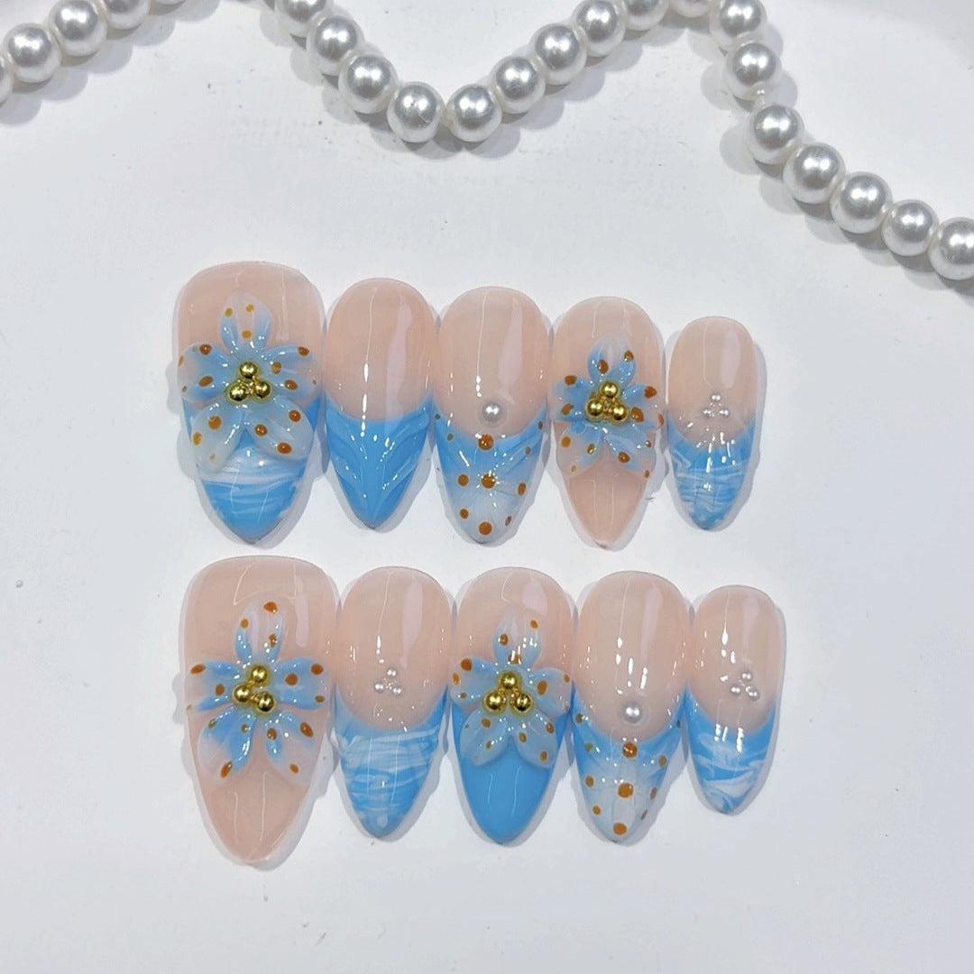 Ocean Bloom: "Blue Petal" – Medium Almond Handmade Press On Nails