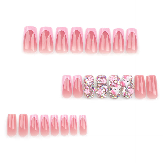 Unhas postiças japonesas fofas com armadura de flor e diamantes brilhantes, unhas postiças francesas rosa｜365nails