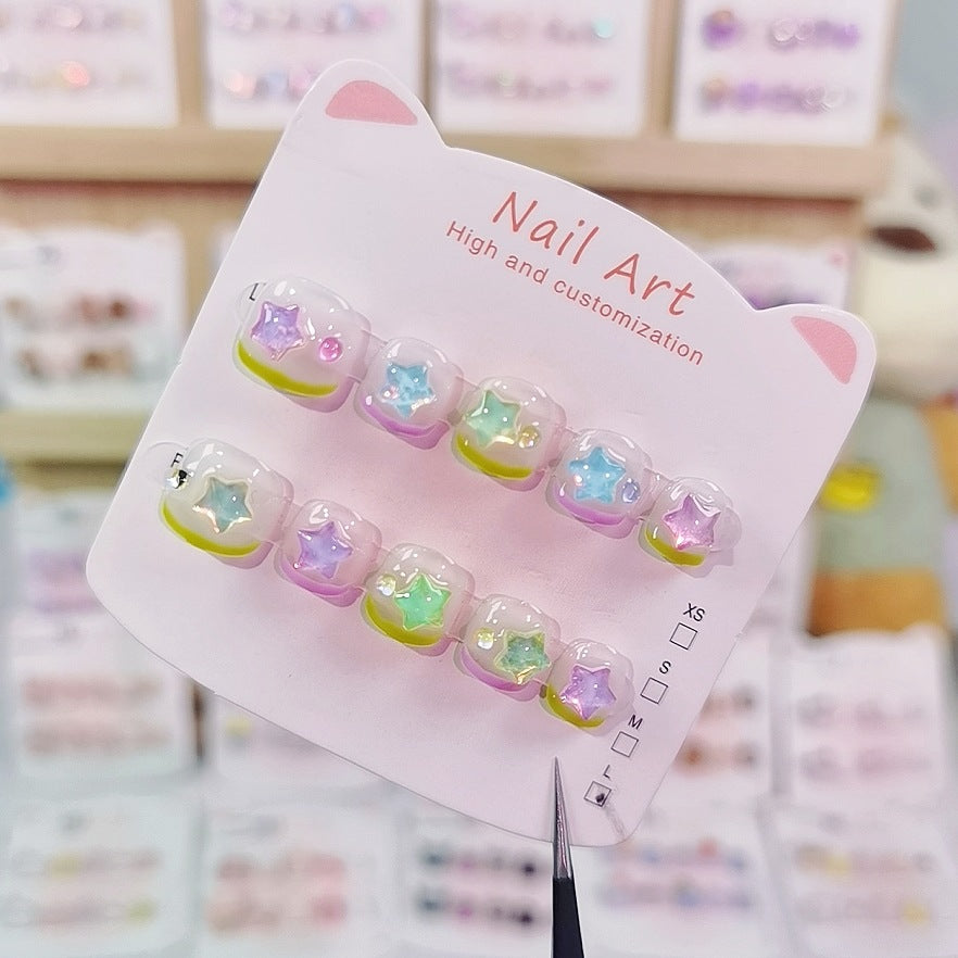 Rainbow Star Kids Press On Nails with Pastel Glitter