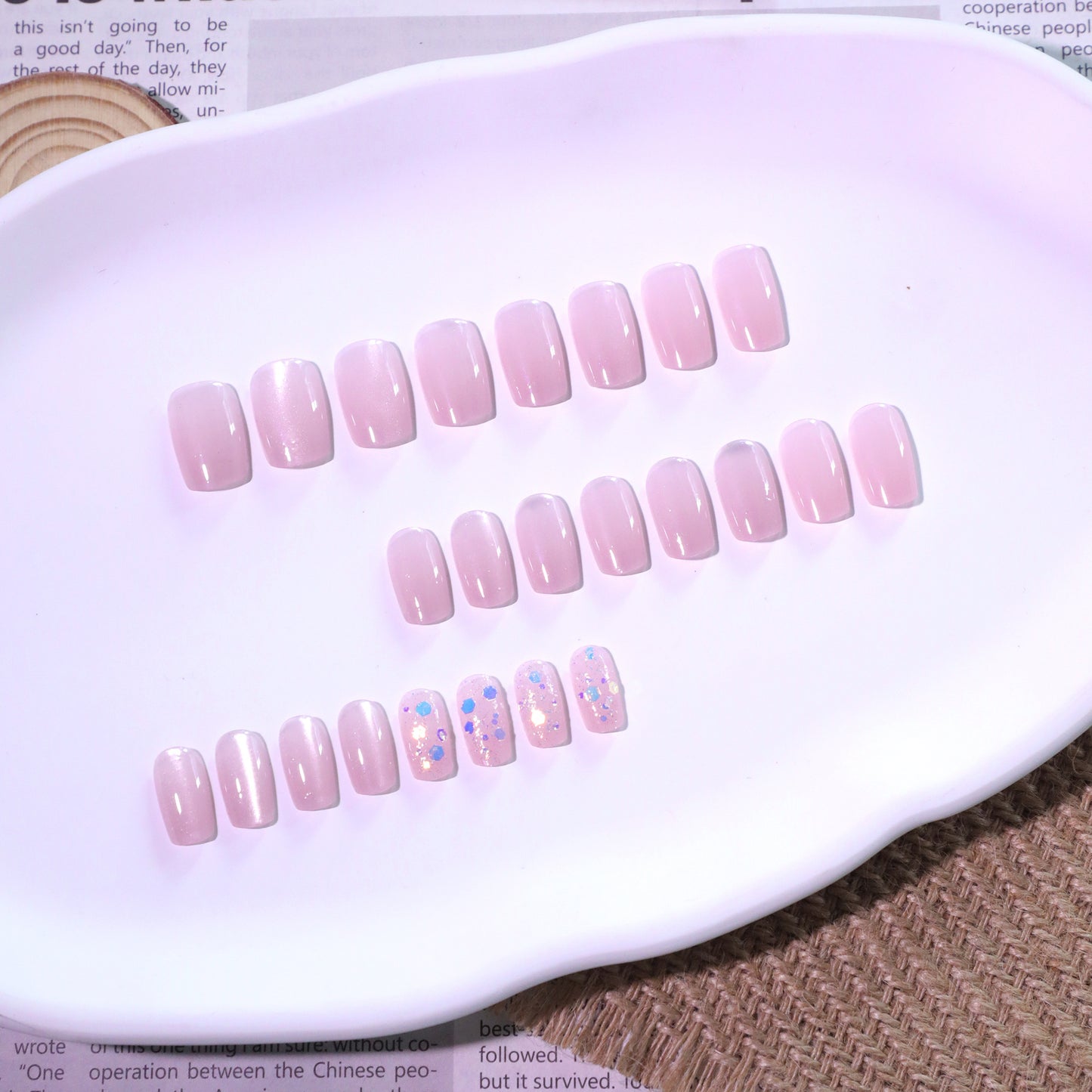 Naked pink cat eye flash short square press-on nails