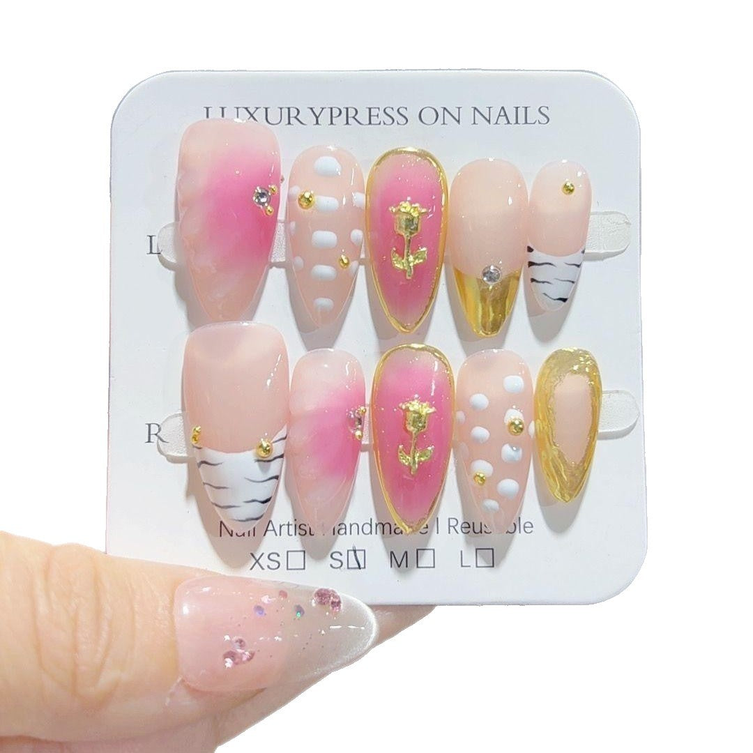 365nails: "Blush Gold Rose" – Unhas Postiças Artesanais Rosa-Dourado Românticas de Amêndoa Média
