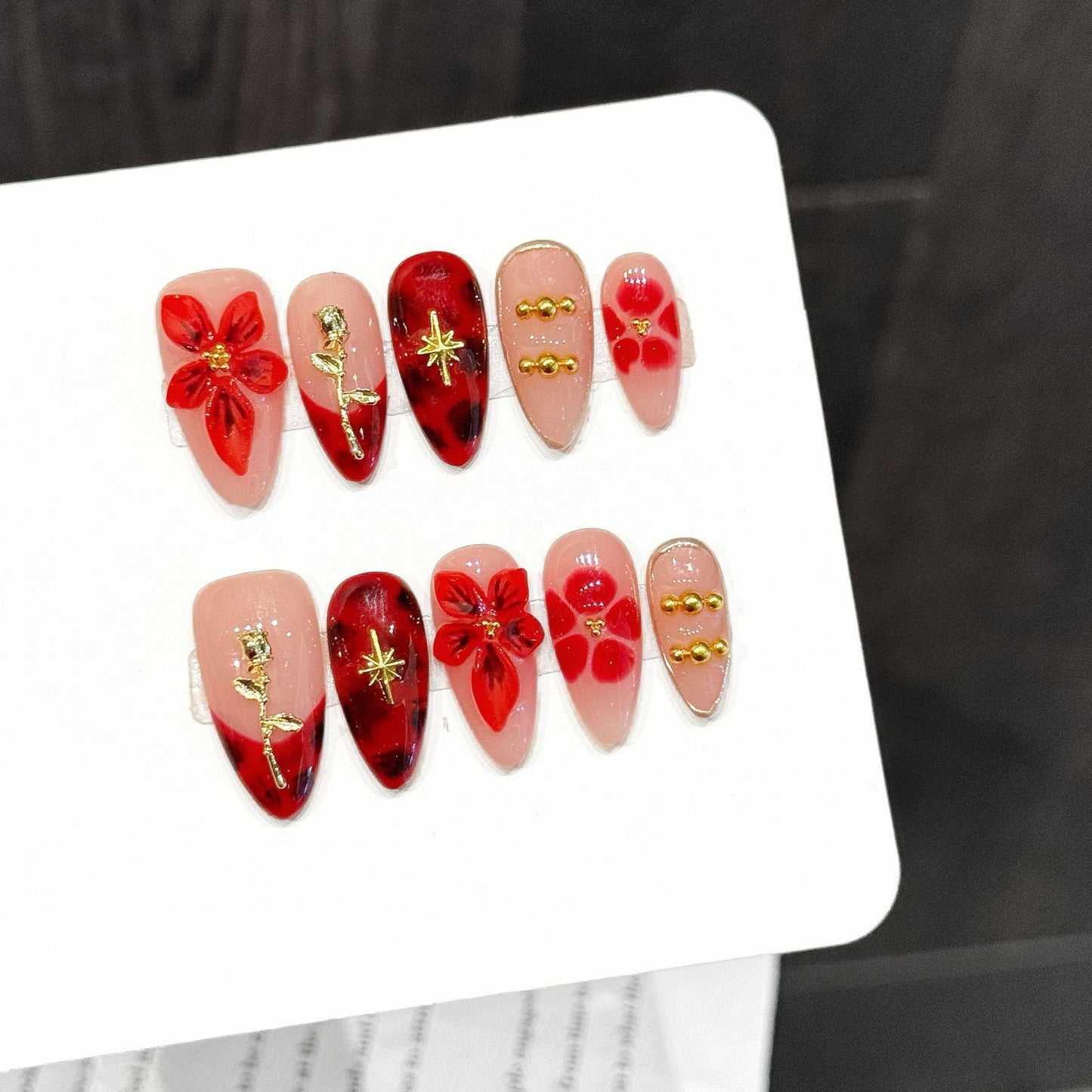 Red Floral Gold Accent Press On Nails