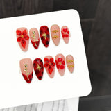Red Floral Gold Accent Press On Nails