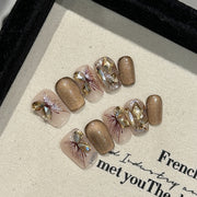 365nails: "Golden Hour" – 3D Gem & Hand-Painted Floral Handmade Short Square Nails