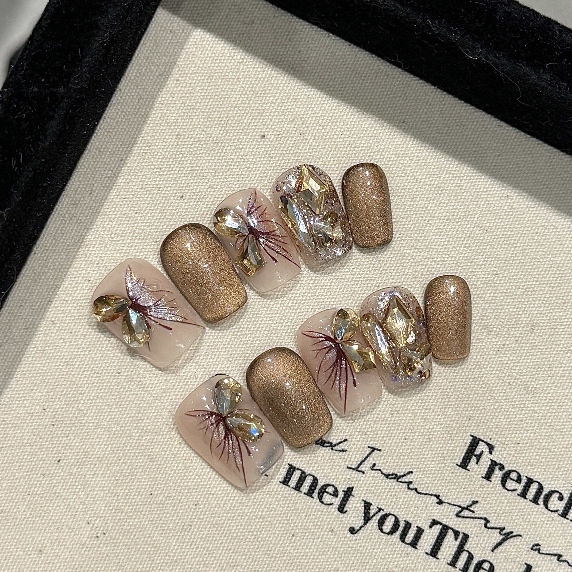365nails: "Golden Hour" – 3D Gem & Hand-Painted Floral Handmade Short Square Nails