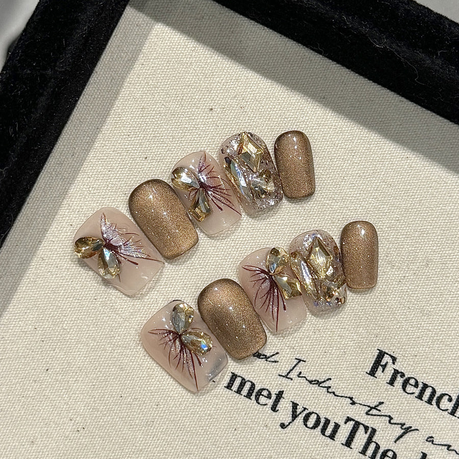 365nails: "Golden Hour" – 3D 젬 & 수작업 플로럴 페인팅 수제 숏 스퀘어형 네일