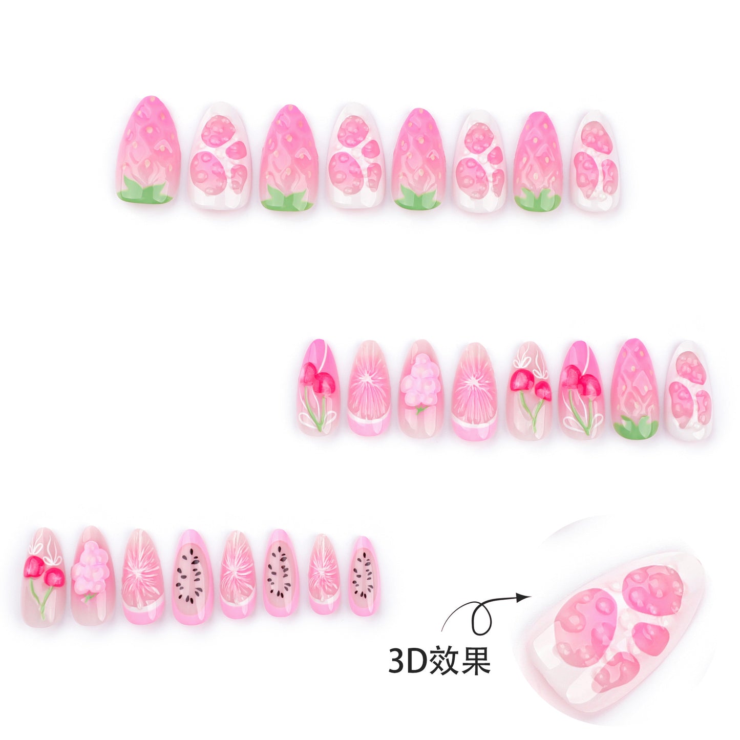 Sweet pink fresh fruit wearing nail cherry strawberry nail art fake nail 3D popular nail patch