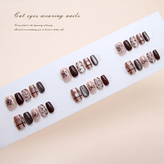 Nail Tips  prefabricated nail retro plaid leopard print fine flash flower bow cat eye  nail patch points｜365nails